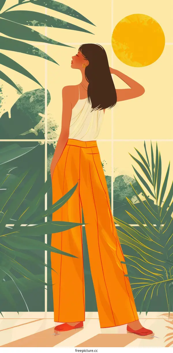 A woman standing in front of a window with plants outside