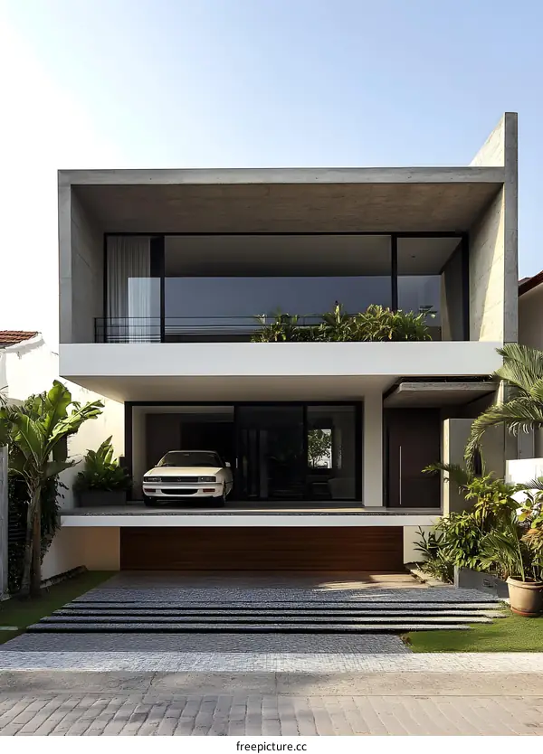 Modern Concrete House with Garage and Landscaping