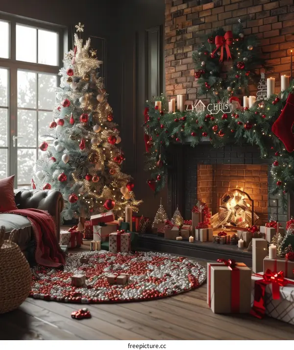 Christmas Tree with Presents by the Fireplace