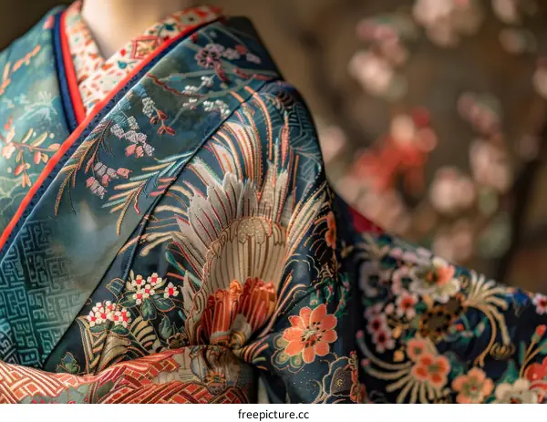 A close-up of a kimono with a floral pattern