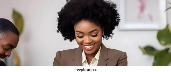 Smiling Businesswoman Looking Down with a Male Colleague