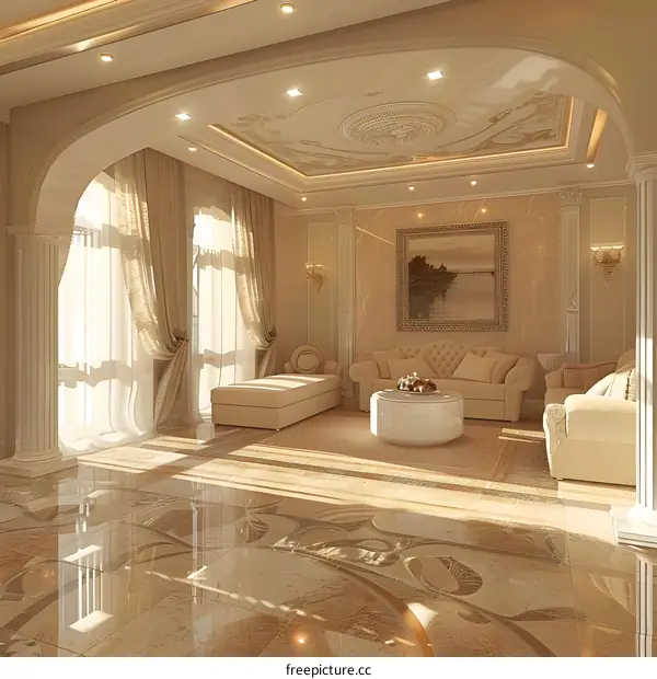 Bright spacious living room with marble floor and ornate ceiling