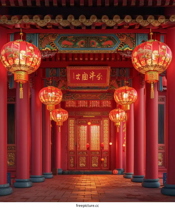Traditional Chinese Courtyard with Red Lanterns