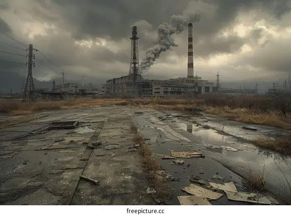 An abandoned power plant in the middle of a field