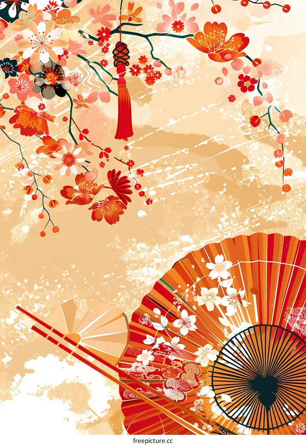 Red Japanese Fan With Cherry Blossoms