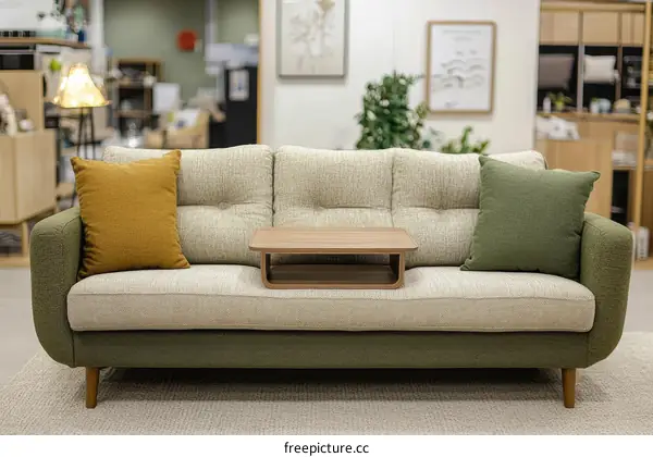 Modern Sofa with Wooden Side Table in a Bright Interior