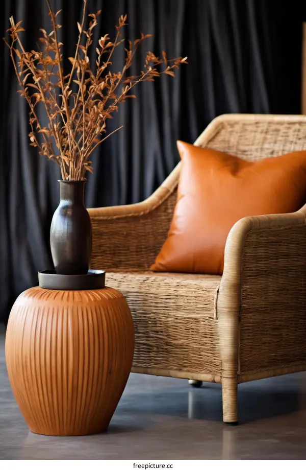 Modern Living Room with Wicker Chair and Dried Plants