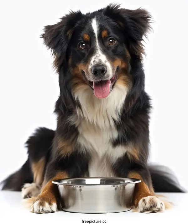 A cute Australian Shepherd dog with a metal bowl