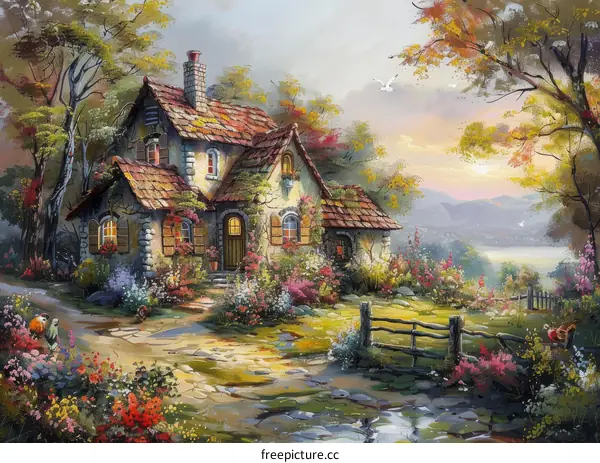 Charming Cottage in a Peaceful Landscape Painting