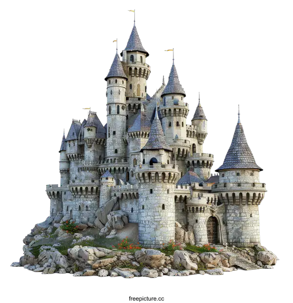 [Transparent Background PNG]A realistic rendering of a medieval castle with a rocky base and multiple towers.