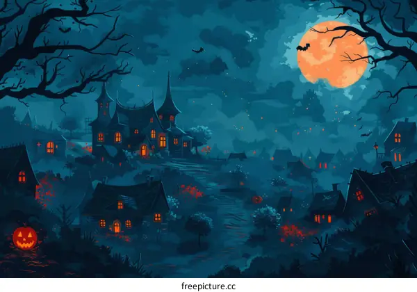 Spooky Village Illustration: Halloween Night