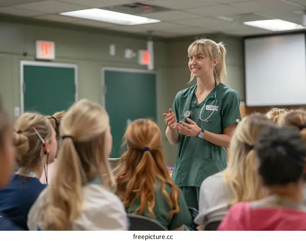 Female blonde veterinarian talking to a group of female students