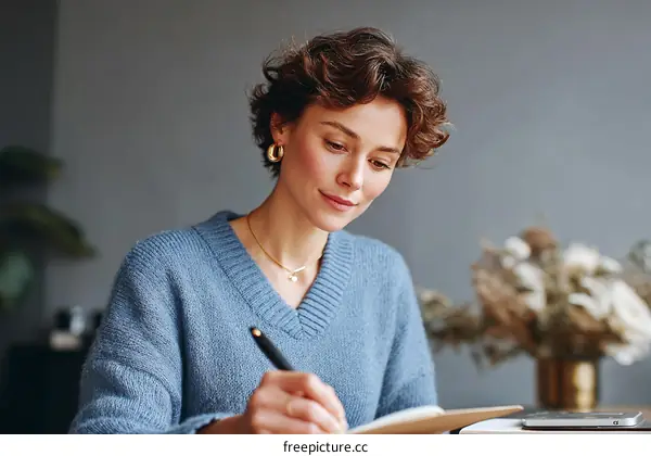 Focused Woman Writing in a Notebook in a Cozy Interior