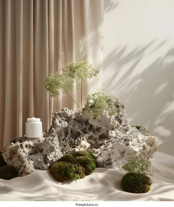 White Cream Jar on Rock With Green Plants
