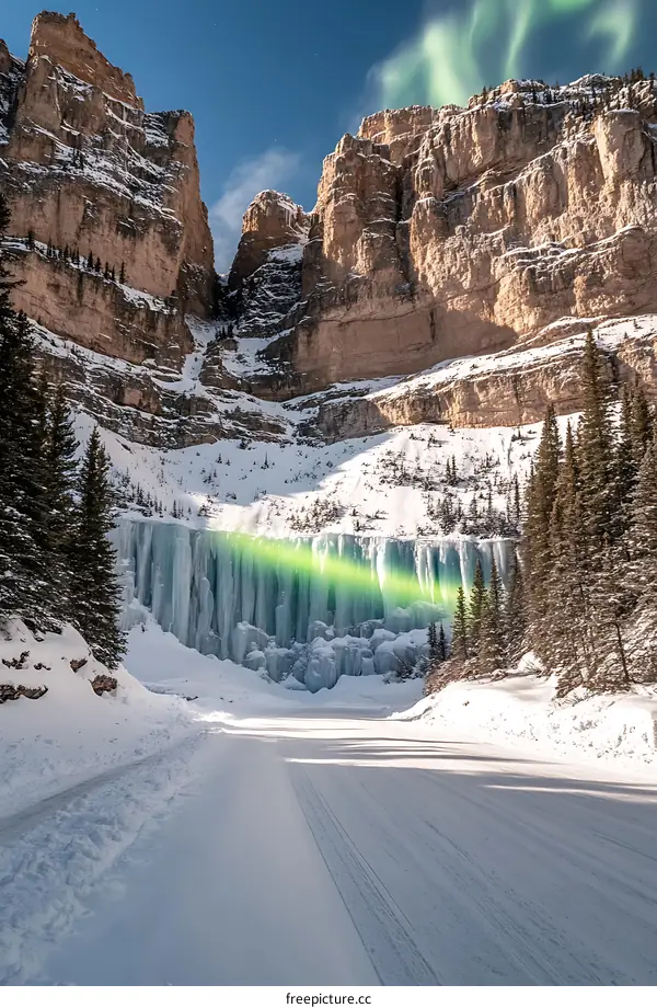 Frozen Waterfall in Mountain Valley with Aurora Borealis