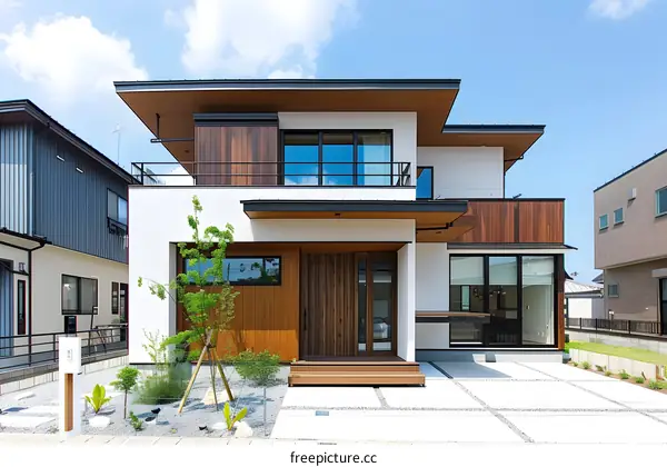 Modern Japanese Style Two Story House With Wooden Accents