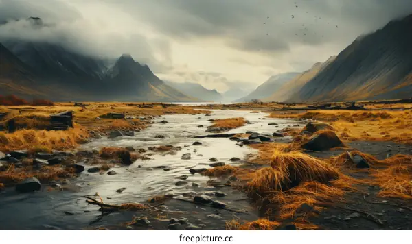 A river flowing through a valley with mountains in the distance