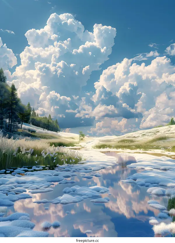 A winter landscape with snow and ice