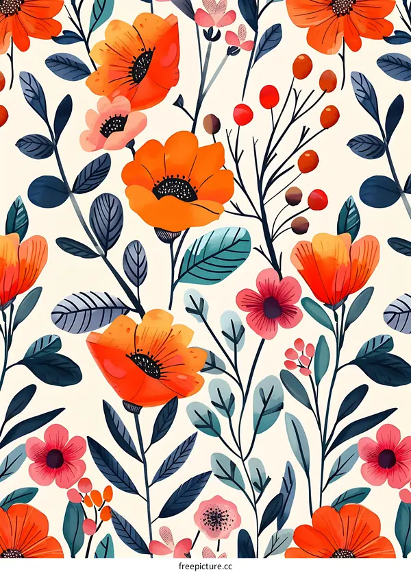 Orange and Pink Floral Pattern Seamless Illustration