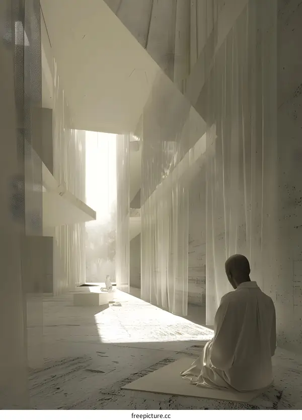 A monk is praying in a modern mosque