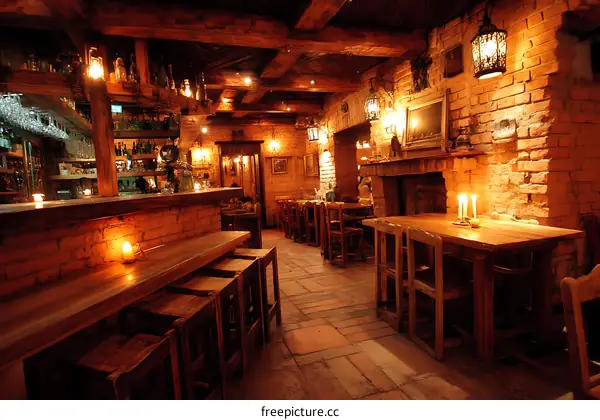 Rustic Wooden Restaurant Interior with Brick Walls