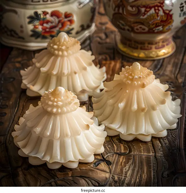 White Decorative Ceramic Objects on Wooden Table