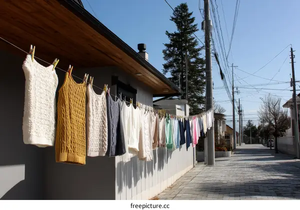 Clothes Drying on a Clothesline in a Japanese Neighborhood