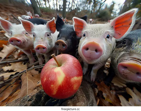 Curious Piglets Sniffing a Red Apple in the Woods