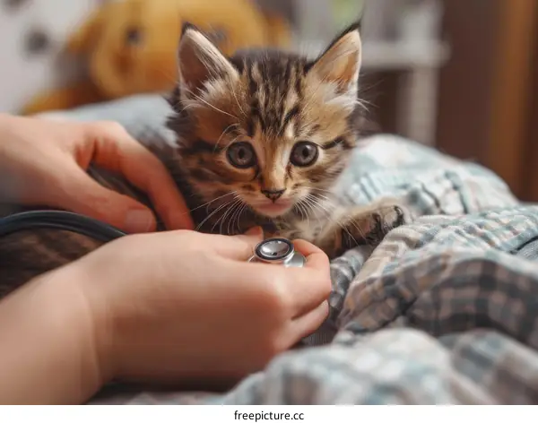 Little tabby kitten getting a checkup from the vet