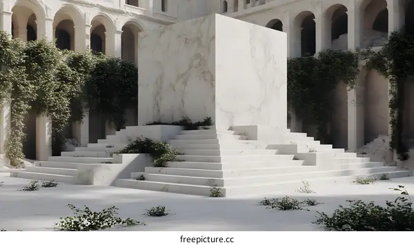 White Marble Cube On Steps In A Ruined Building