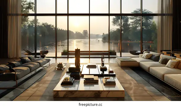 Modern living room interior with large windows overlooking lake