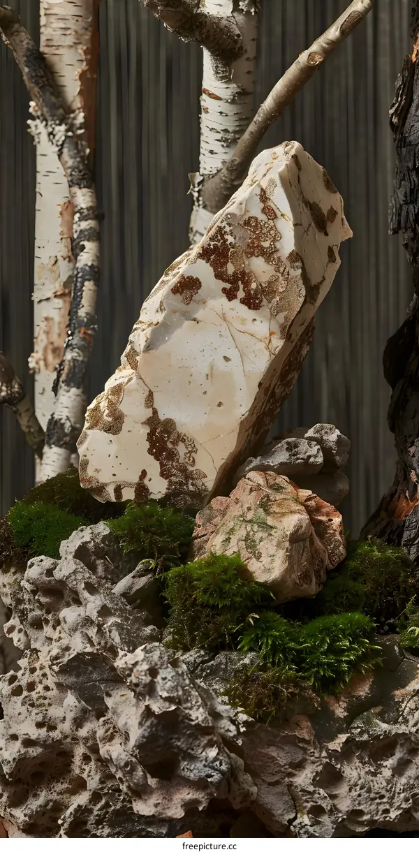 Close Up of a Stack of Rocks With Moss and Birch Trees