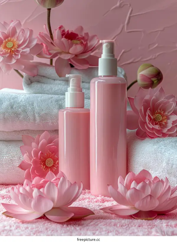 Spa composition with lotus flowers and pink towels