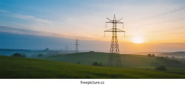 Sunrise over green field with electric power transmission towers