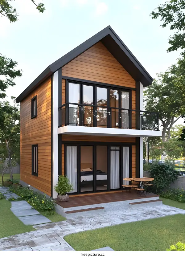 Modern Two Storey House with Wooden Exterior and Balcony