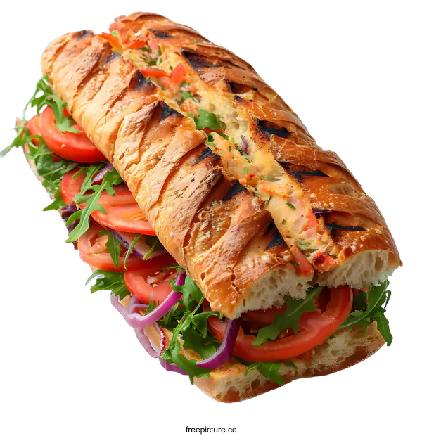 [Transparent Background PNG]Ciabatta sandwich with tomato, onion and arugula