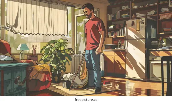man holding a broom at home