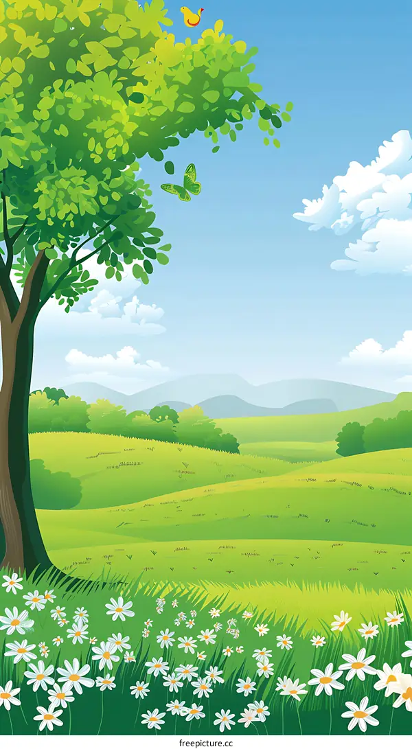 Green Meadow Landscape Illustration With Daisies and a Bird