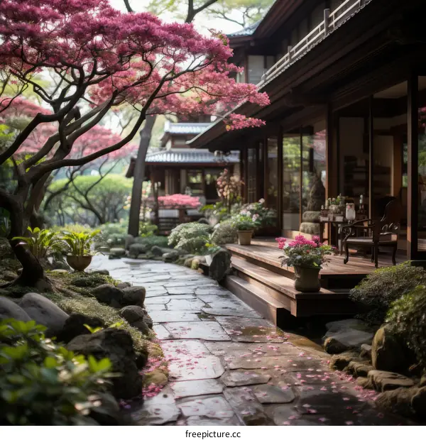 Japanese traditional courtyard with beautiful cherry blossom trees and stone lantern