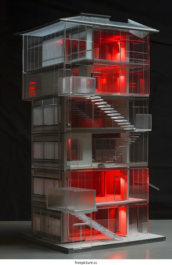 Modern Glass Building Model with Red Lighting
