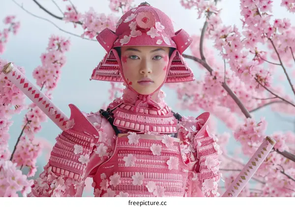Portrait of a young woman in pink samurai armor standing in a field of cherry blossoms.