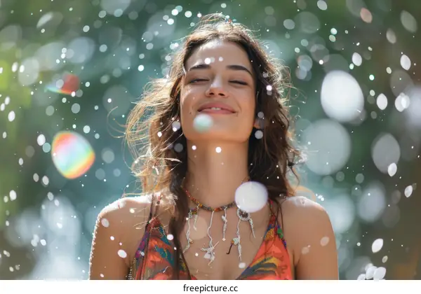 Woman Enjoying Water Spray in Nature