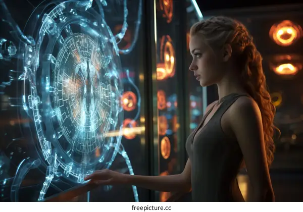 A blonde woman in a gray dress looks at a futuristic display of a person