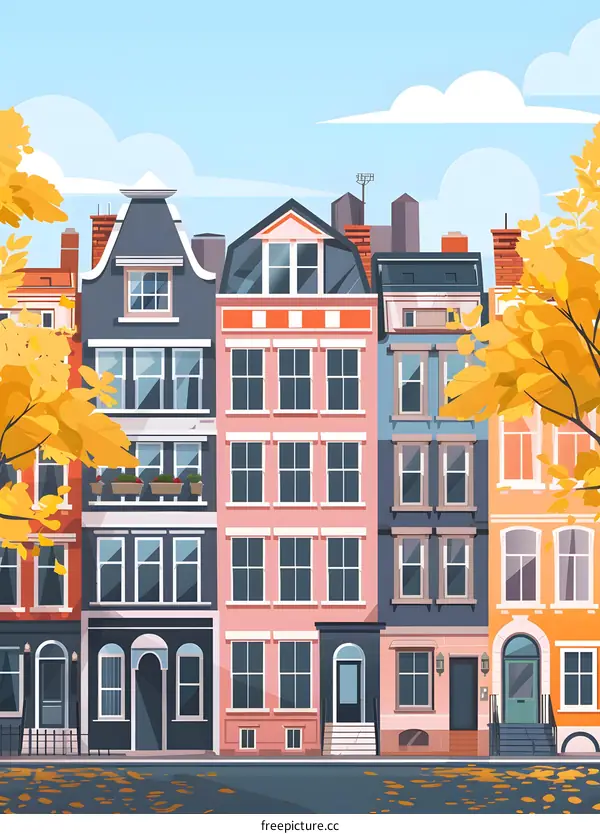 Row of Colorful Houses with Autumn Leaves