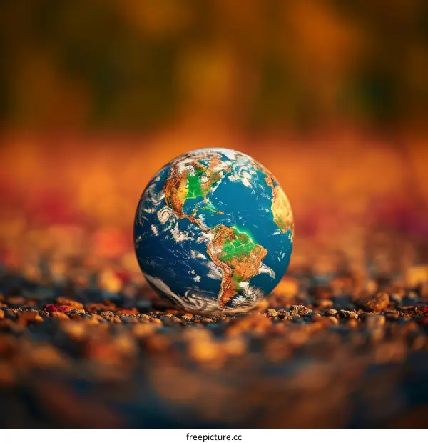A small Earth on the ground with blurred background