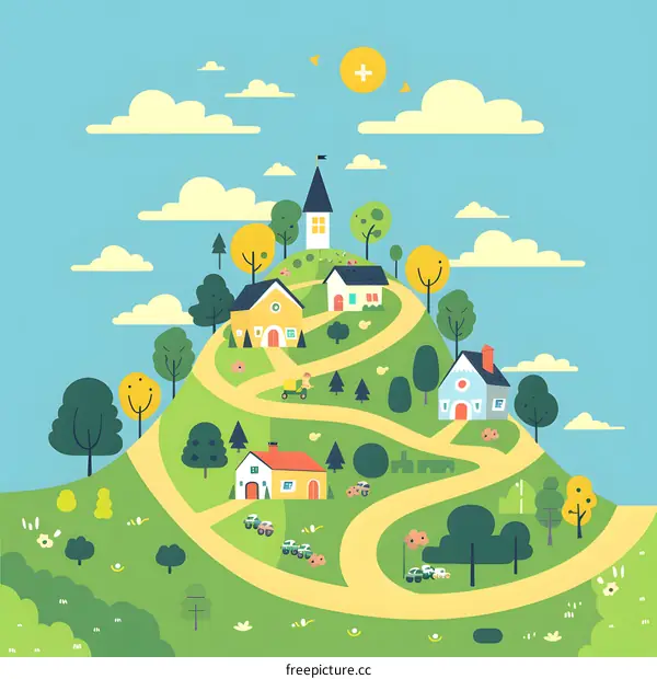 Cute Illustration of Small Village on Hilltop with Winding Road
