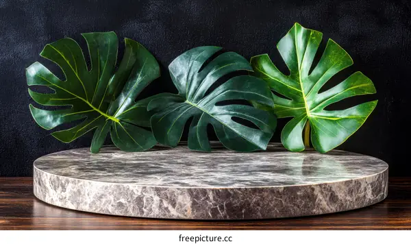 Modern Minimalist Round Marble Display Stand with Tropical Leaves