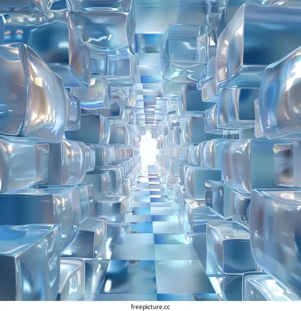 Blue translucent cubes form a futuristic tunnel