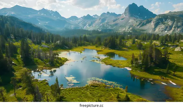 Aerial View of a Serene Mountain Lake Surrounded by Lush Green Forest