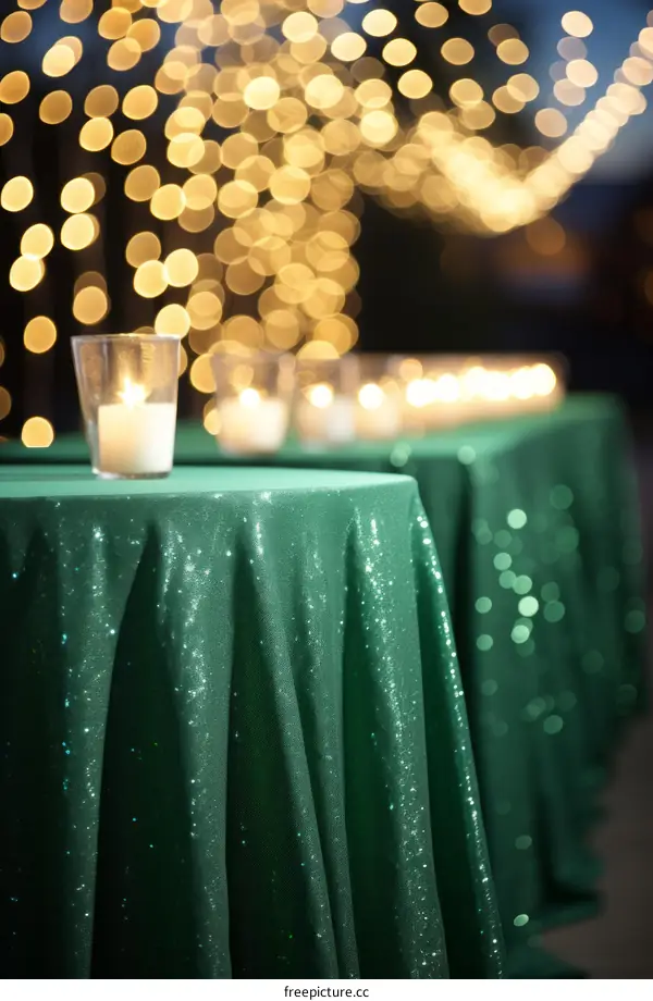 Sparkling Green Tablecloths with Candle Centerpieces